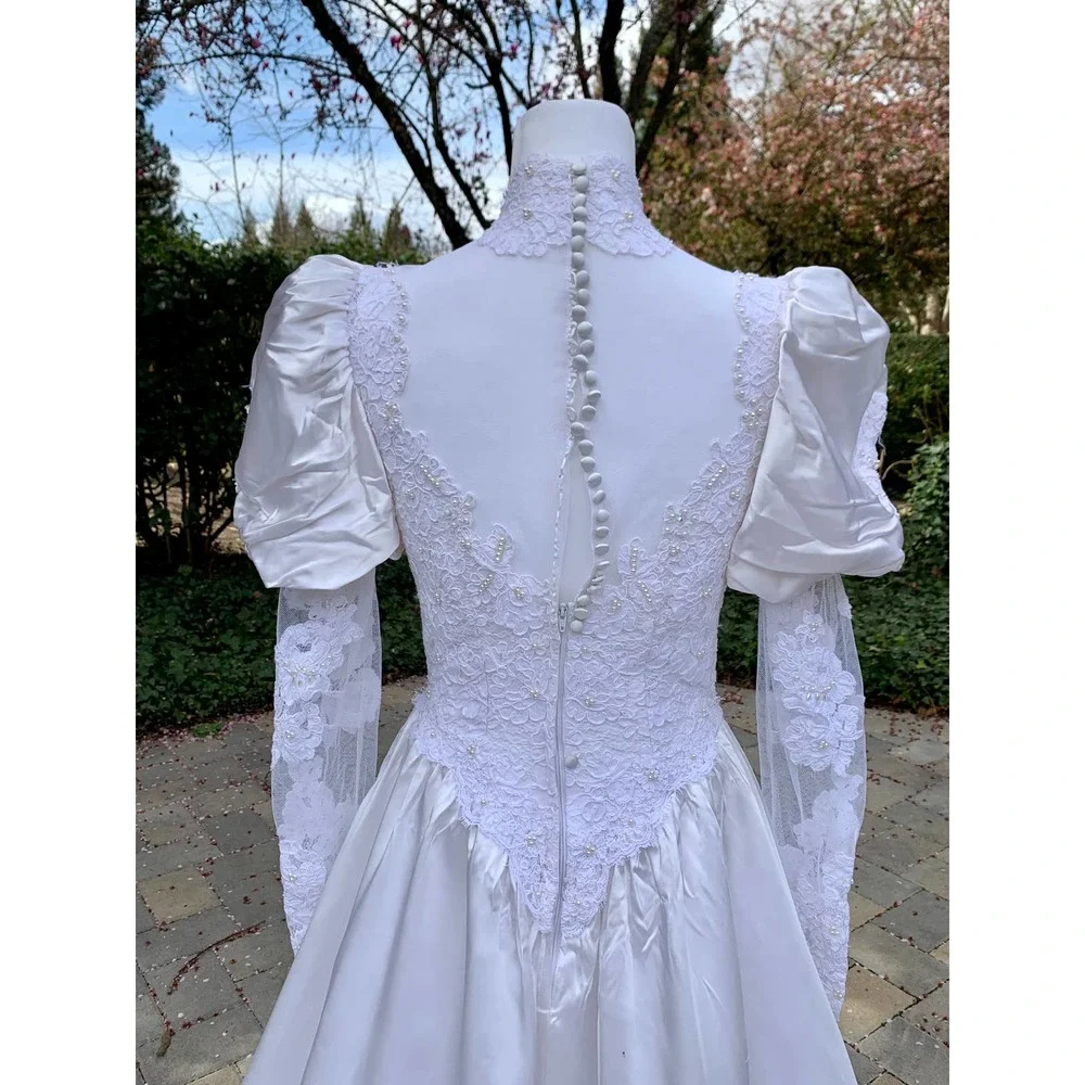 Vintage 80s Poof Sleeve Wedding Dress Victorian Edwardian Cottage Core SZ ~6-8P - Picture 9 of 14
